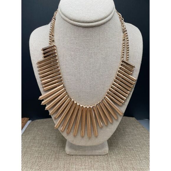 Modernist Gold Spike Geometric Bib Statement Runway Necklace Double Chain - Picture 9 of 9